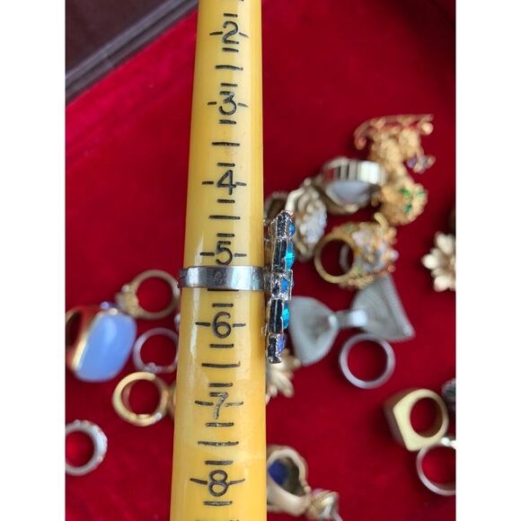 Silver Plated & Blue Topaz Colored Stones Rectangle-Shaped Bling Ring 5 1/4 adju - Picture 8 of 9